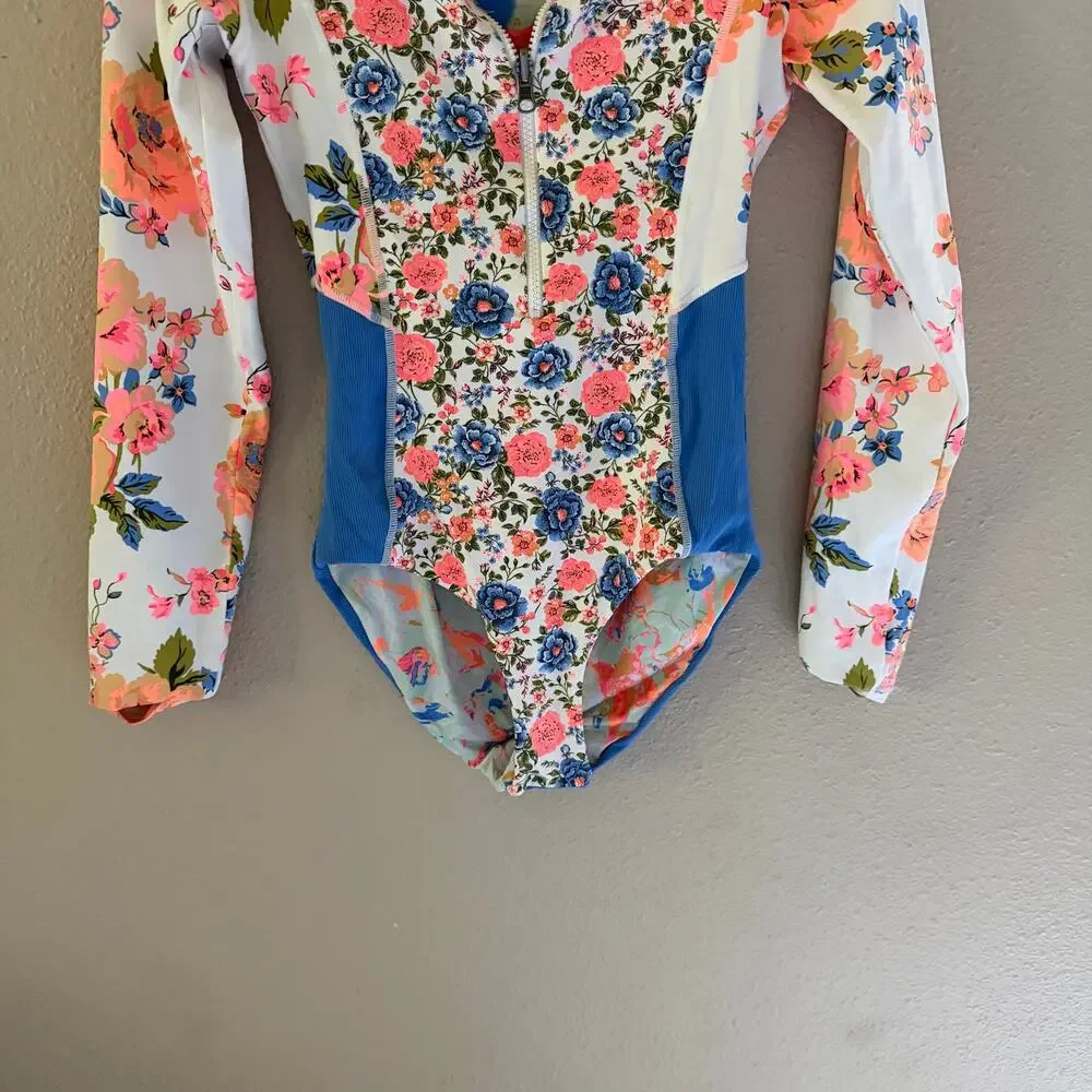 Maaji Floral Long-Sleeve One-Piece Swimsuit in Peach, Blue & White
